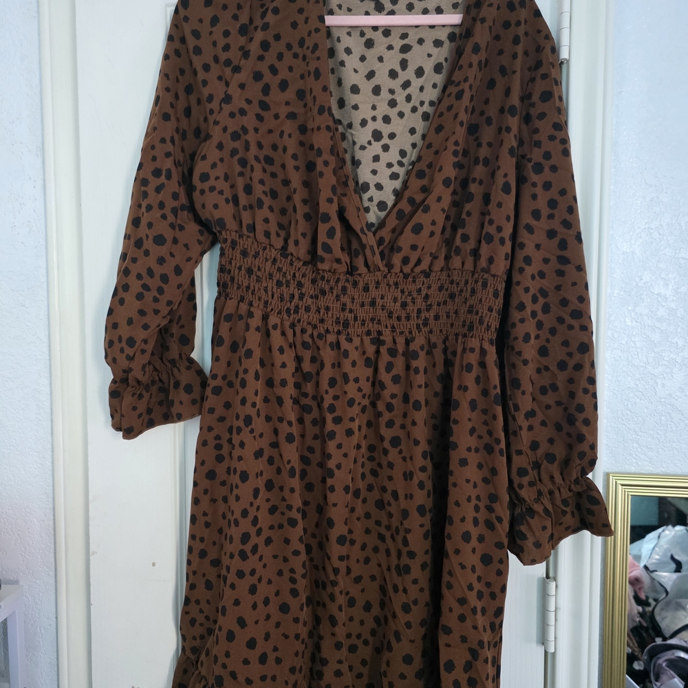 SHEIN Brown Polka Dot Long Sleeve Dress